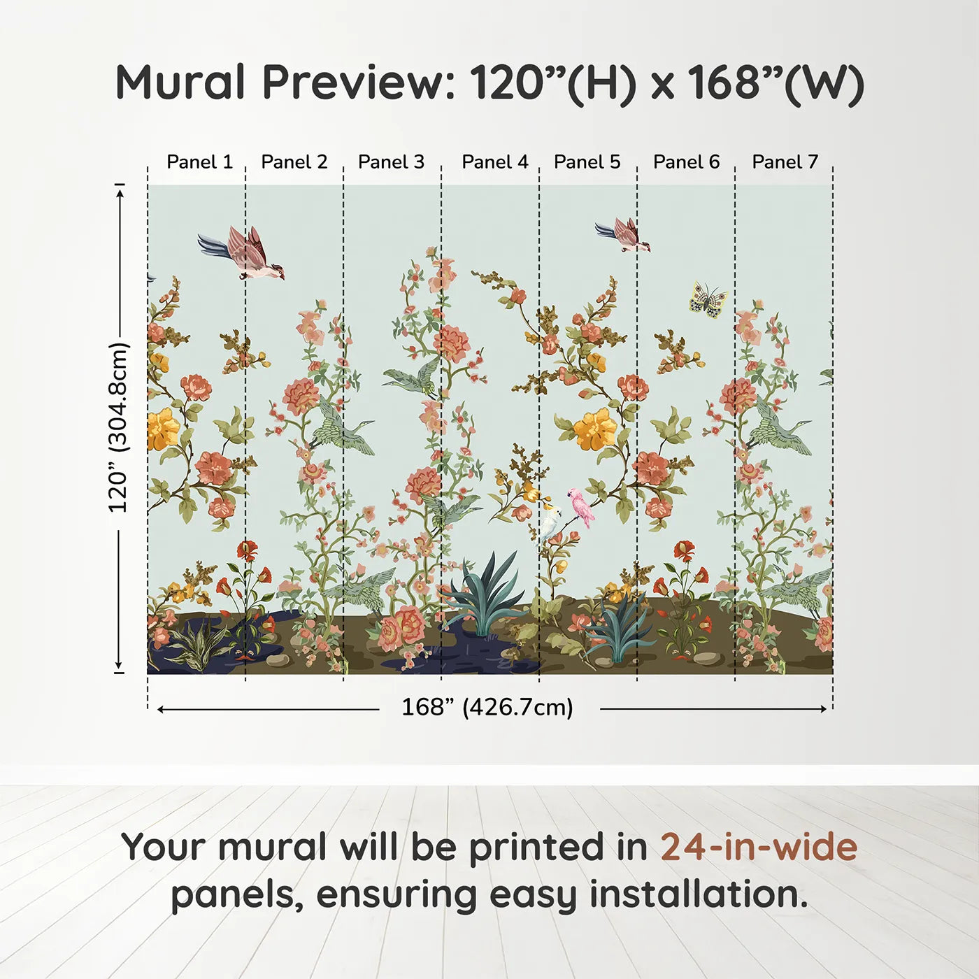 Whimsy Tots Chinoiserie Riverbank Wall Muraldimension view (120" H x 168" W). Printed in seven 24-inch-wide panels. Gender-Neutral