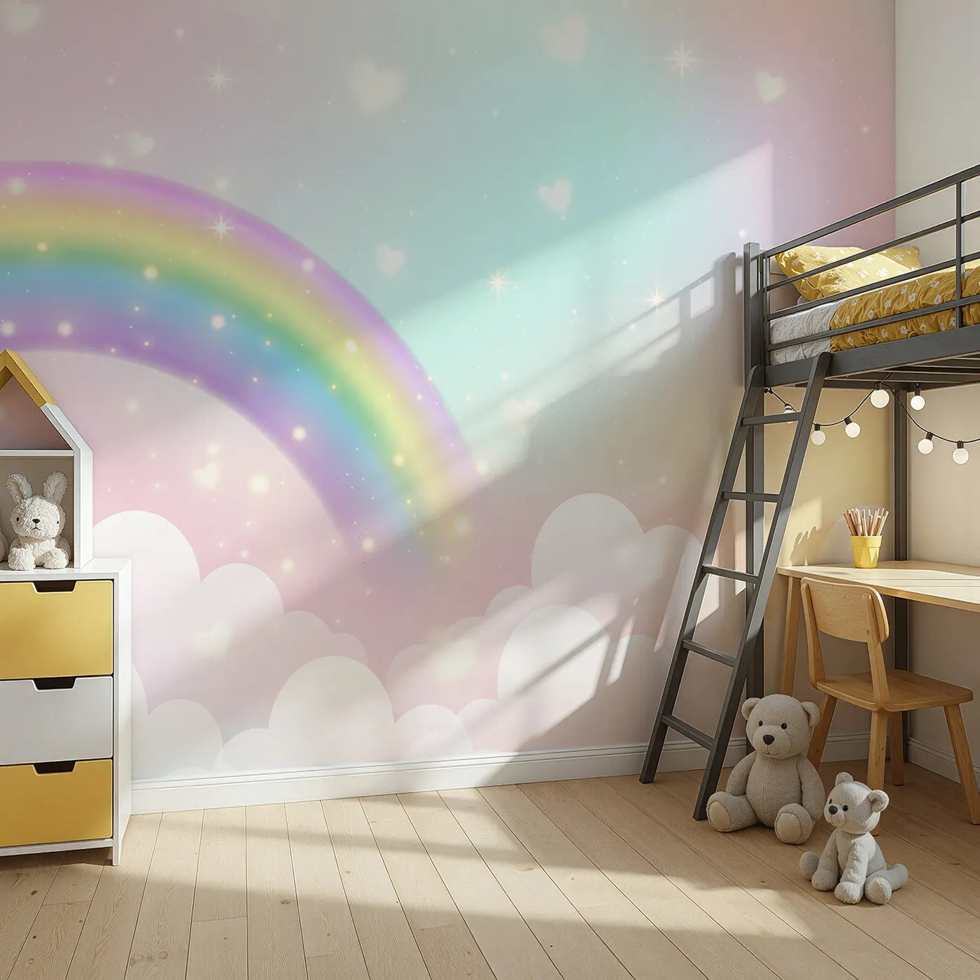 Angled view of Whimsy Tots' Sparkling Rainbow Hearts Wall Mural (Turn Their Room into a Sky of Love and Magic).Gender-Neutral