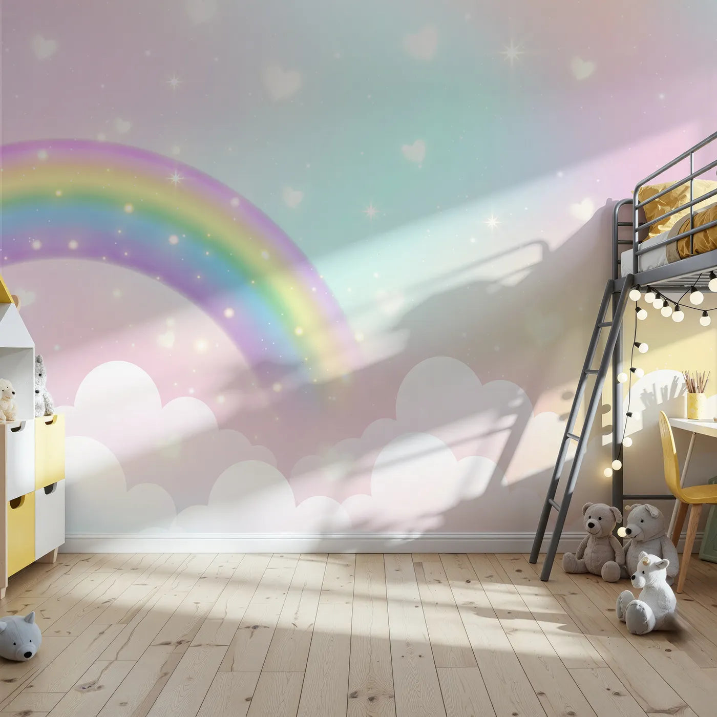 Front view of Whimsy Tots' Sparkling Rainbow Hearts Wall Mural