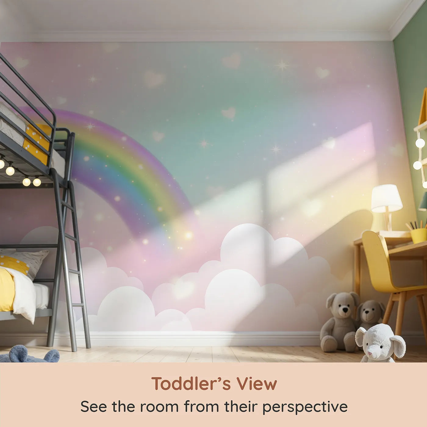 Whimsy Tots Sparkling Rainbow Hearts Wall Mural (Turn Their Room into a Sky of Love and Magic) from your child's view.Gender-Neutral