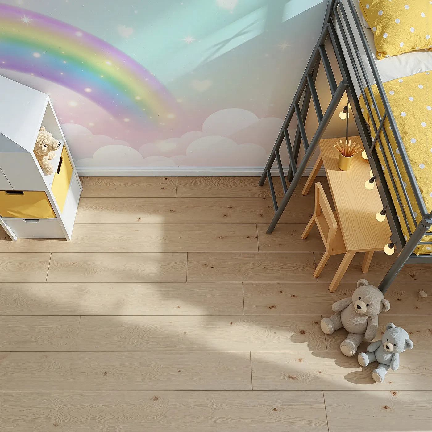 Top-down view of Whimsy Tots' Sparkling Rainbow Hearts Wall Mural (Turn Their Room into a Sky of Love and Magic).Gender-Neutral