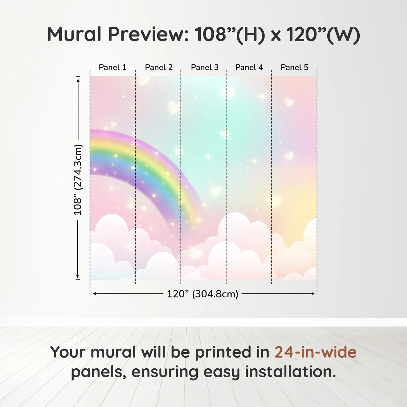 Whimsy Tots Sparkling Rainbow Hearts Wall Muraldimension view (108" H x 120" W). Printed in five 24-inch-wide panels. Gender-Neutral