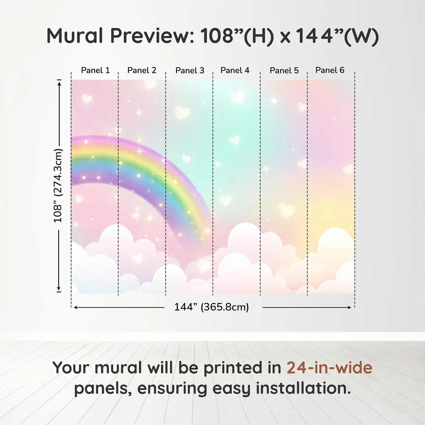 Whimsy Tots Sparkling Rainbow Hearts Wall Muraldimension view (108" H x 144" W). Printed in six 24-inch-wide panels. Gender-Neutral