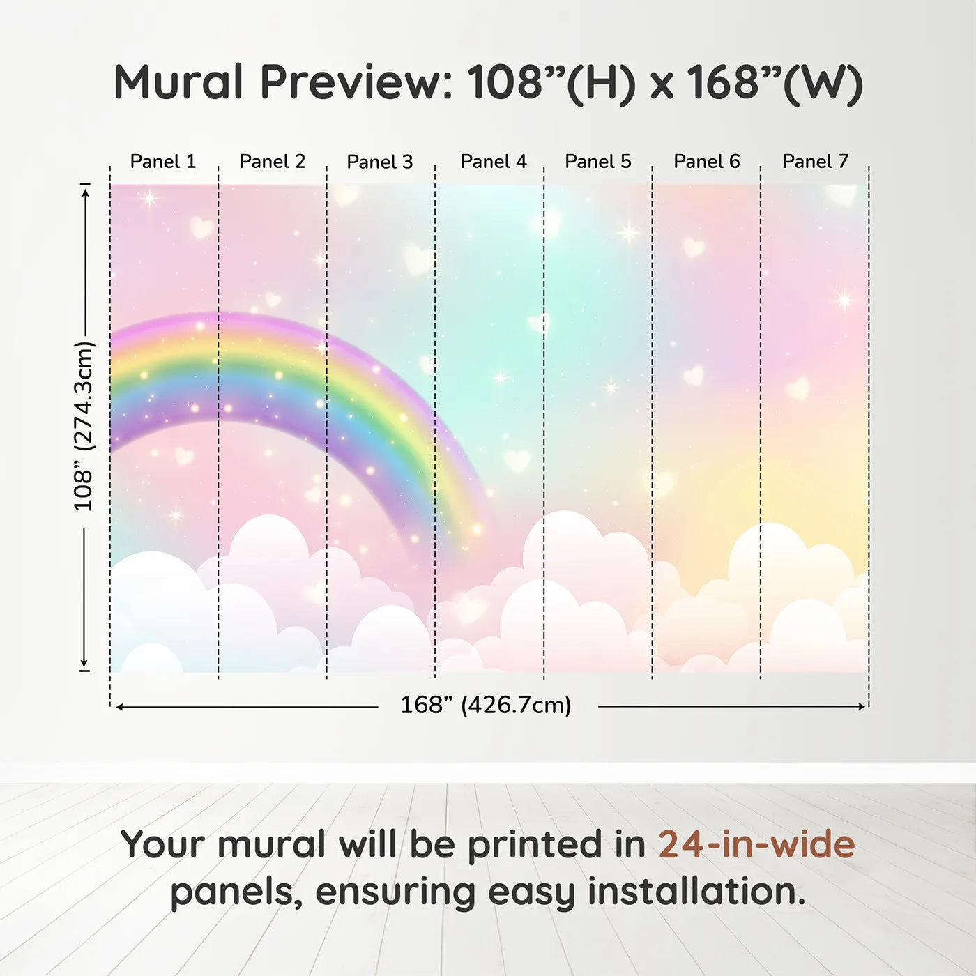 Whimsy Tots Sparkling Rainbow Hearts Wall Muraldimension view (108" H x 168" W). Printed in seven 24-inch-wide panels. Gender-Neutral