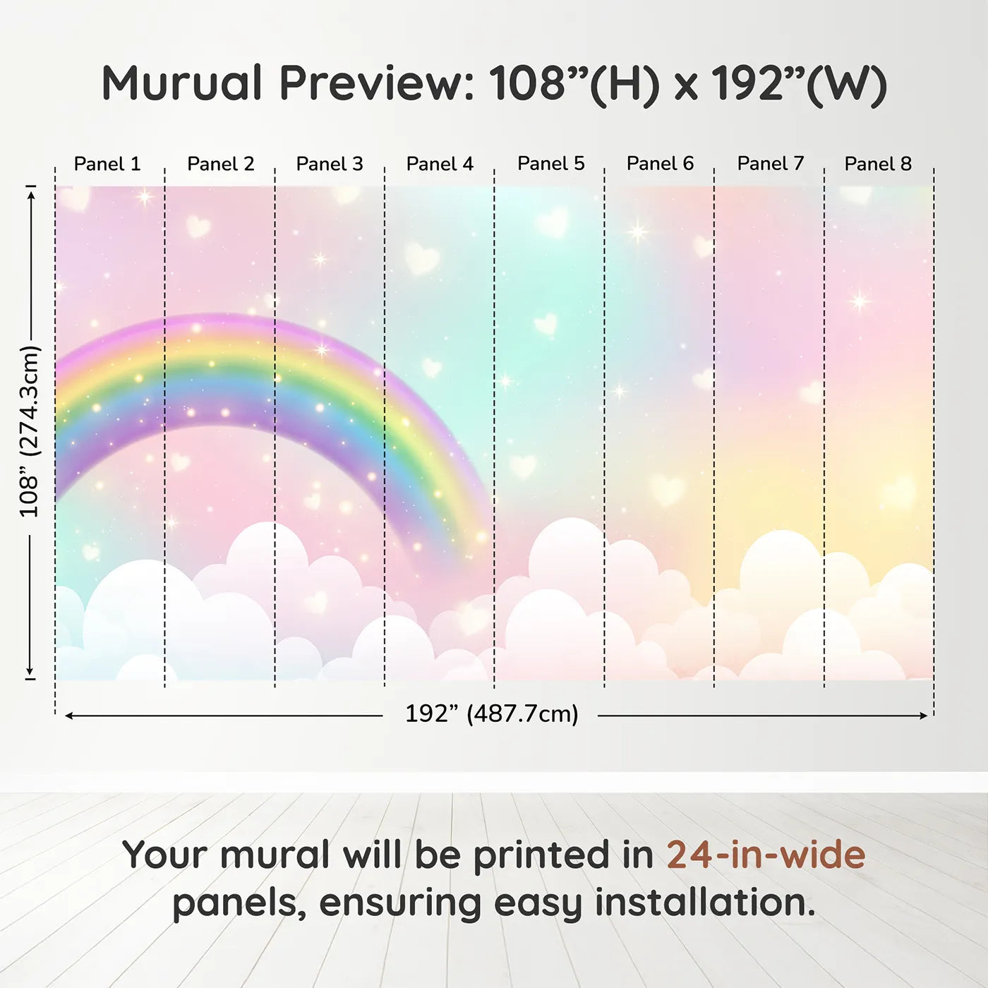 Whimsy Tots Sparkling Rainbow Hearts Wall Muraldimension view (108" H x 192" W). Printed in eight 24-inch-wide panels. Gender-Neutral