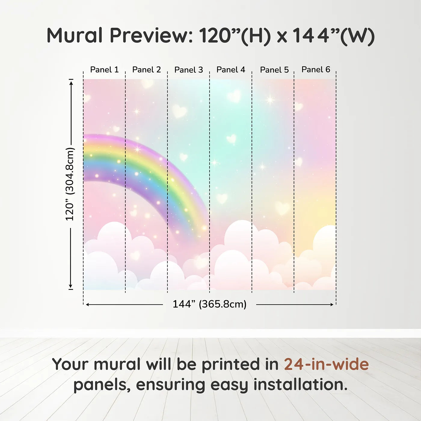 Whimsy Tots Sparkling Rainbow Hearts Wall Muraldimension view (120" H x 144" W). Printed in six 24-inch-wide panels. Gender-Neutral
