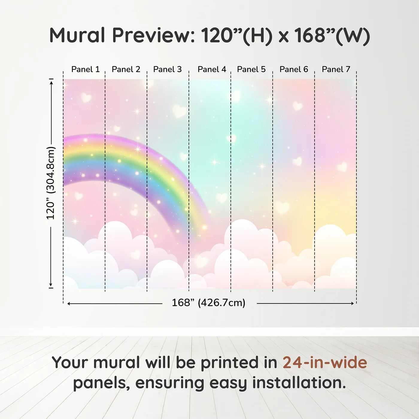 Whimsy Tots Sparkling Rainbow Hearts Wall Muraldimension view (120" H x 168" W). Printed in seven 24-inch-wide panels. Gender-Neutral
