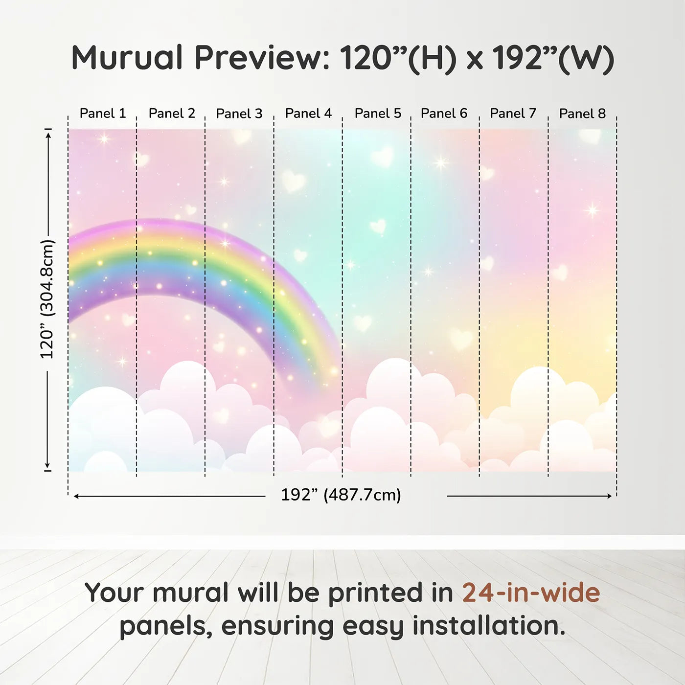 Whimsy Tots Sparkling Rainbow Hearts Wall Muraldimension view (120" H x 192" W). Printed in eight 24-inch-wide panels. Gender-Neutral