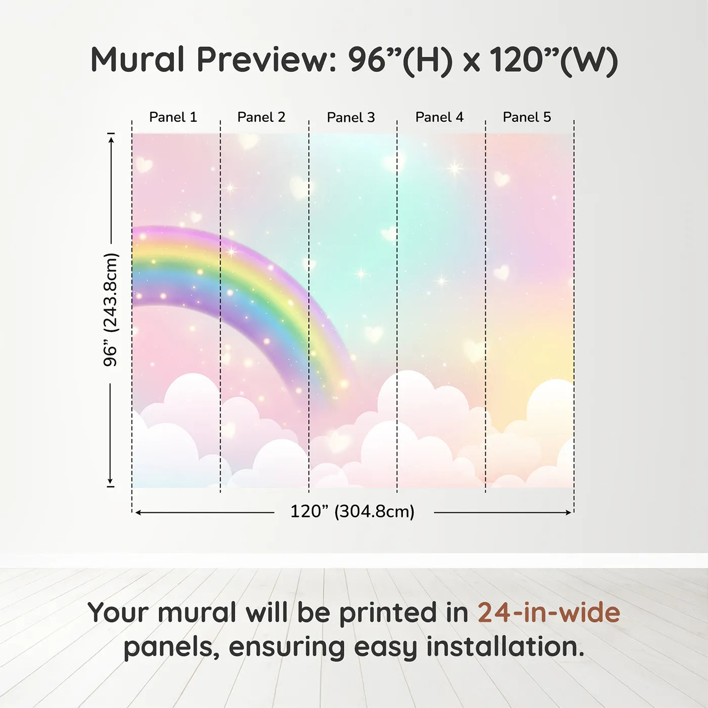 Whimsy Tots Sparkling Rainbow Hearts Wall Muraldimension view (96" H x 120" W). Printed in five 24-inch-wide panels. Gender-Neutral
