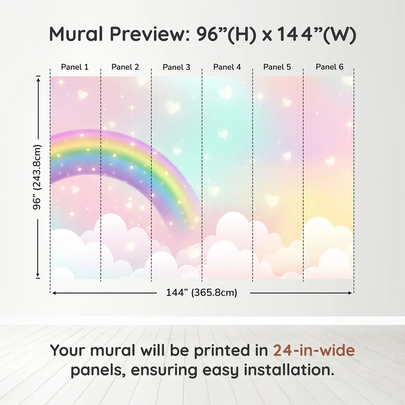 Whimsy Tots Sparkling Rainbow Hearts Wall Muraldimension view (96" H x 144" W). Printed in six 24-inch-wide panels. Gender-Neutral