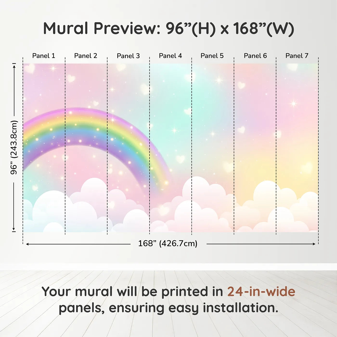 Whimsy Tots Sparkling Rainbow Hearts Wall Muraldimension view (96" H x 168" W). Printed in seven 24-inch-wide panels. Gender-Neutral
