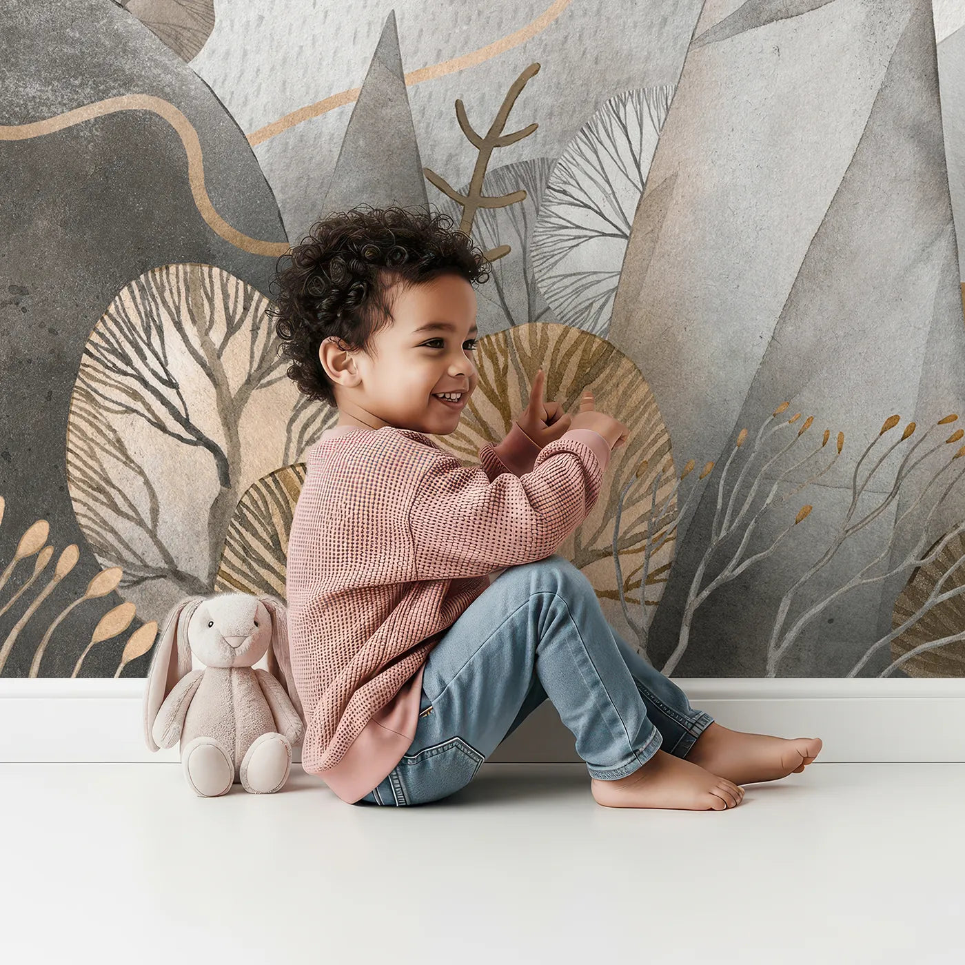 Child in front of Whimsy Tots Golden Mountain Castle Wall Mural with castle, watercolor, gold, gray, mountain, fantasy, whimsical, storybook in design.