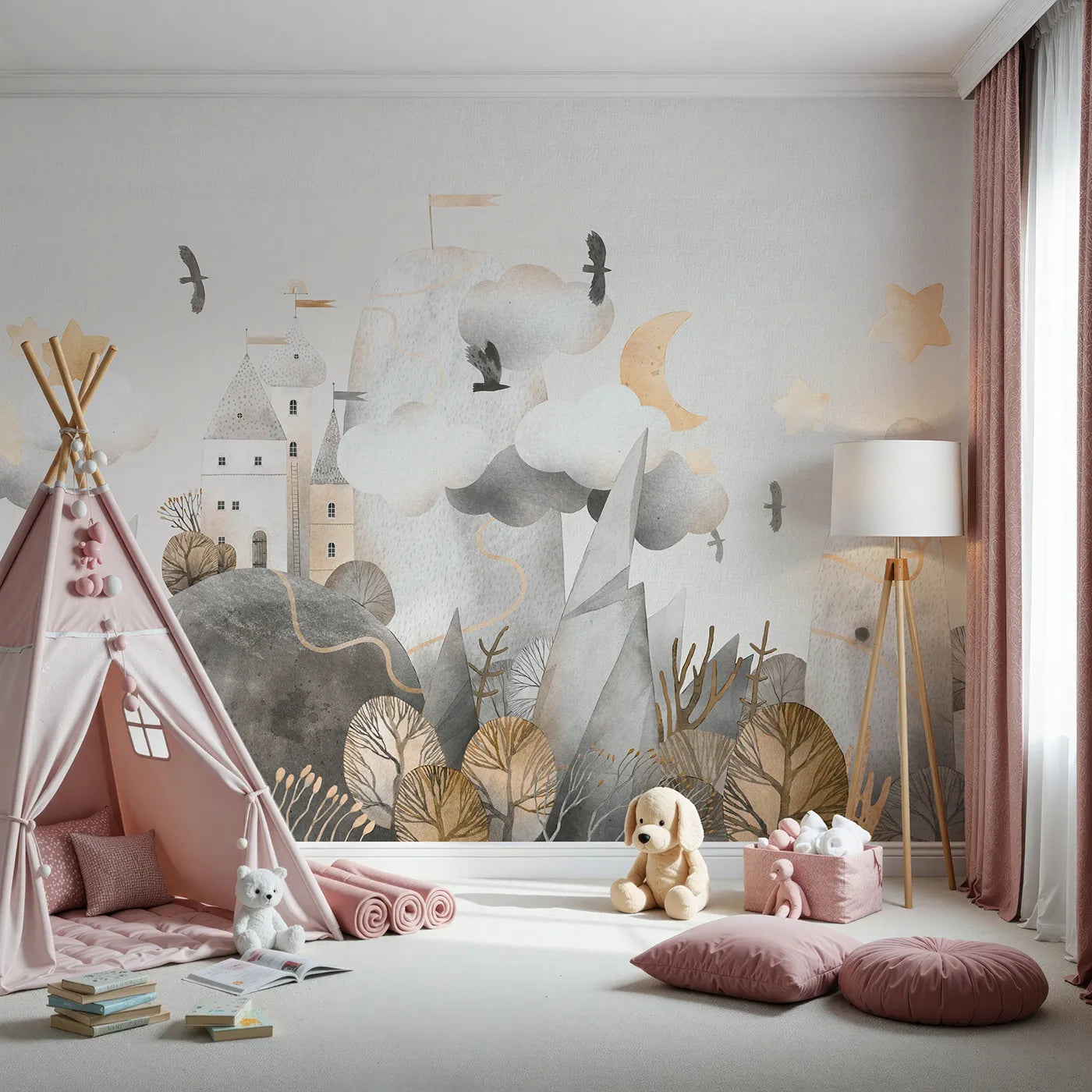 Front view of Whimsy Tots' Golden Mountain Castle Wall Mural