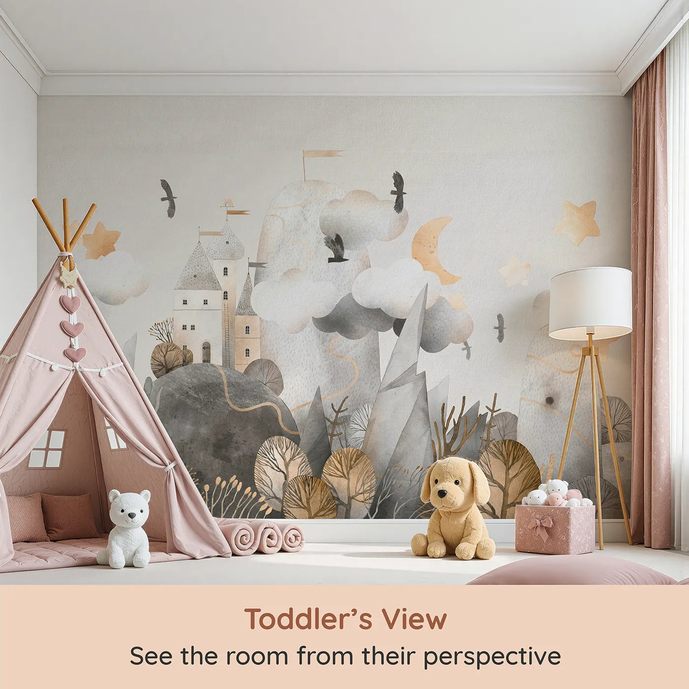 Whimsy Tots Golden Mountain Castle Wall Mural (Turn Their Room into a Whimsical, Hand-Painted Kingdom) from your child's view.Gender-Neutral