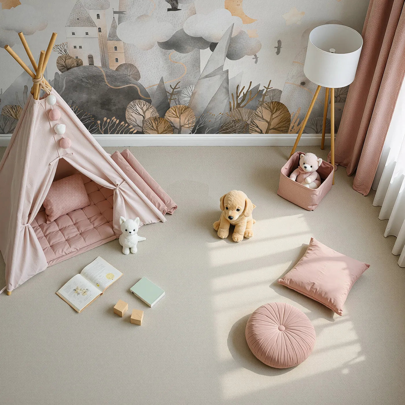 Top-down view of Whimsy Tots' Golden Mountain Castle Wall Mural (Turn Their Room into a Whimsical, Hand-Painted Kingdom).Gender-Neutral