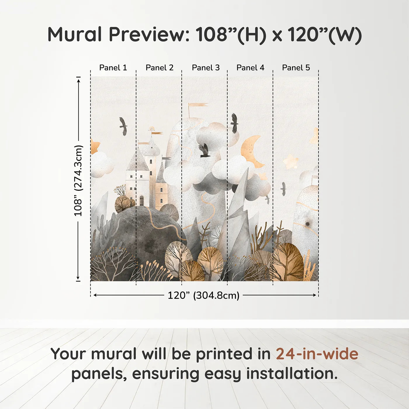 Whimsy Tots Golden Mountain Castle Wall Muraldimension view (108" H x 120" W). Printed in five 24-inch-wide panels. Gender-Neutral