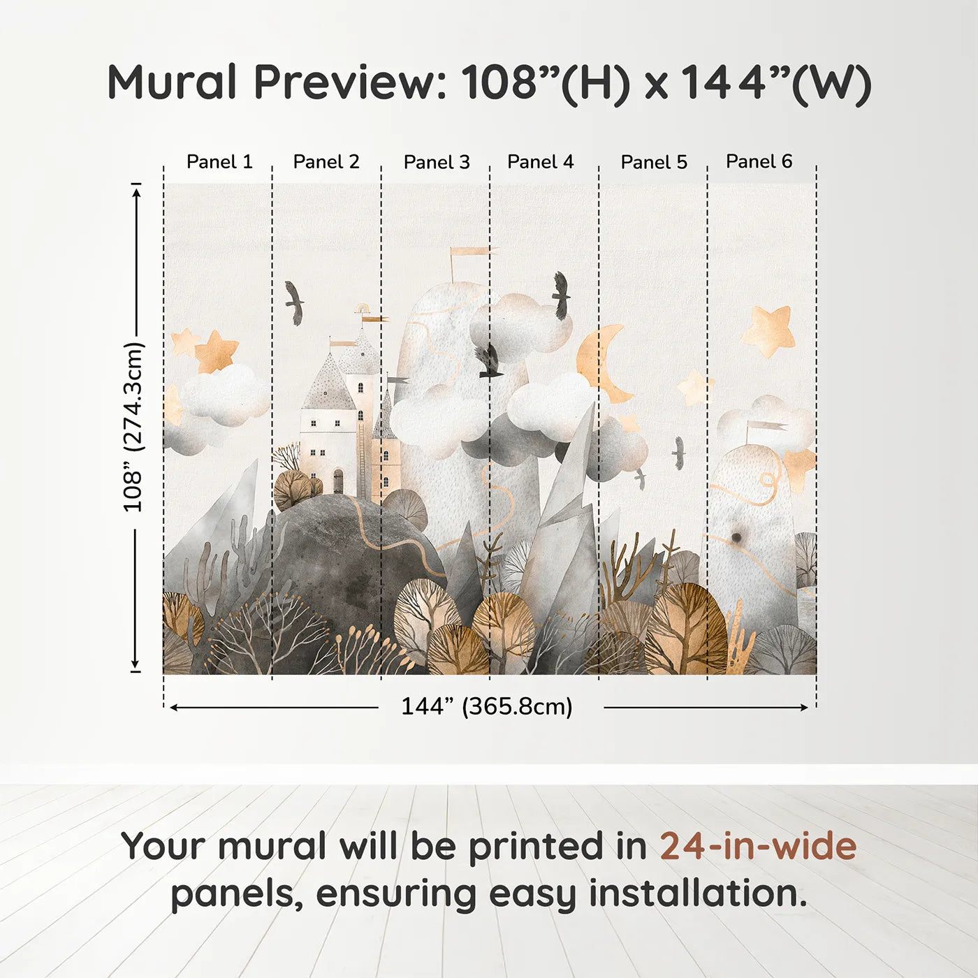 Whimsy Tots Golden Mountain Castle Wall Muraldimension view (108" H x 144" W). Printed in six 24-inch-wide panels. Gender-Neutral