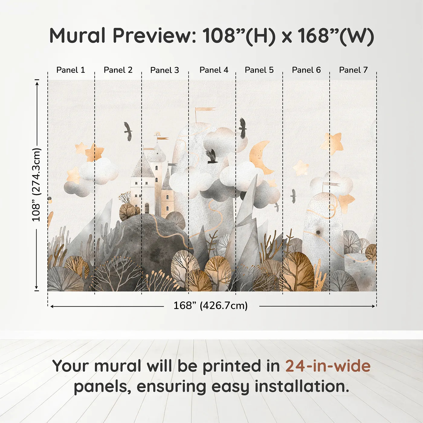 Whimsy Tots Golden Mountain Castle Wall Muraldimension view (108" H x 168" W). Printed in seven 24-inch-wide panels. Gender-Neutral