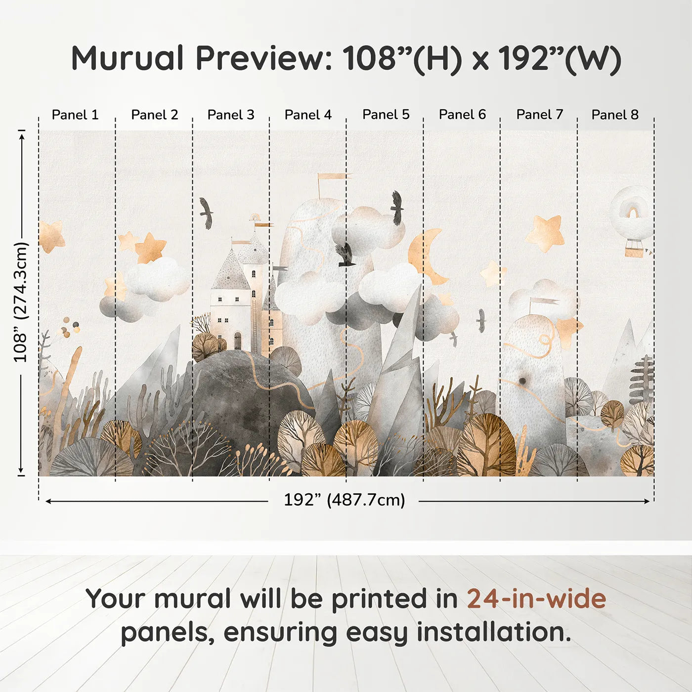 Whimsy Tots Golden Mountain Castle Wall Muraldimension view (108" H x 192" W). Printed in eight 24-inch-wide panels. Gender-Neutral
