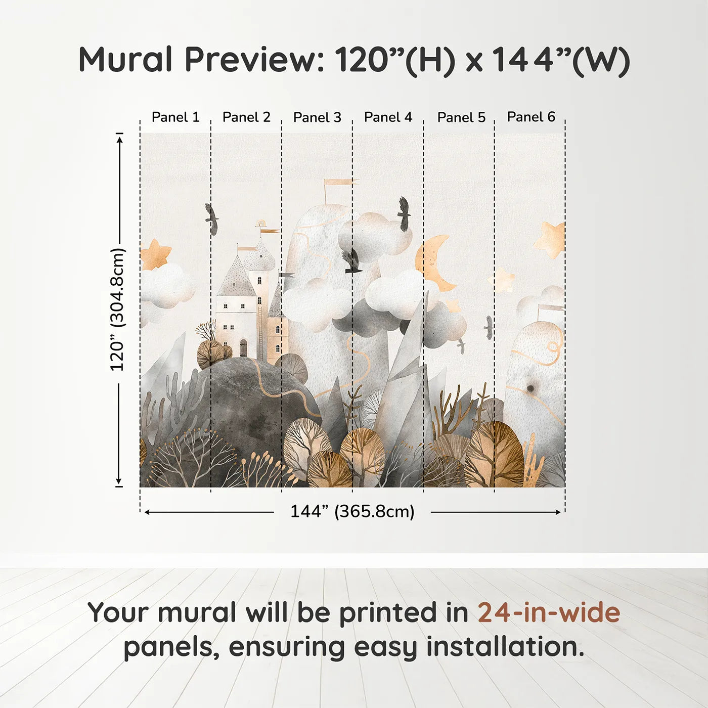 Whimsy Tots Golden Mountain Castle Wall Muraldimension view (120" H x 144" W). Printed in six 24-inch-wide panels. Gender-Neutral