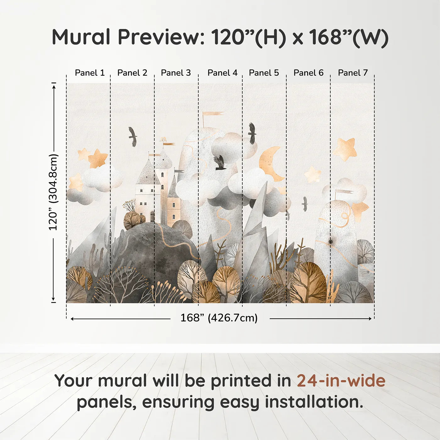 Whimsy Tots Golden Mountain Castle Wall Muraldimension view (120" H x 168" W). Printed in seven 24-inch-wide panels. Gender-Neutral
