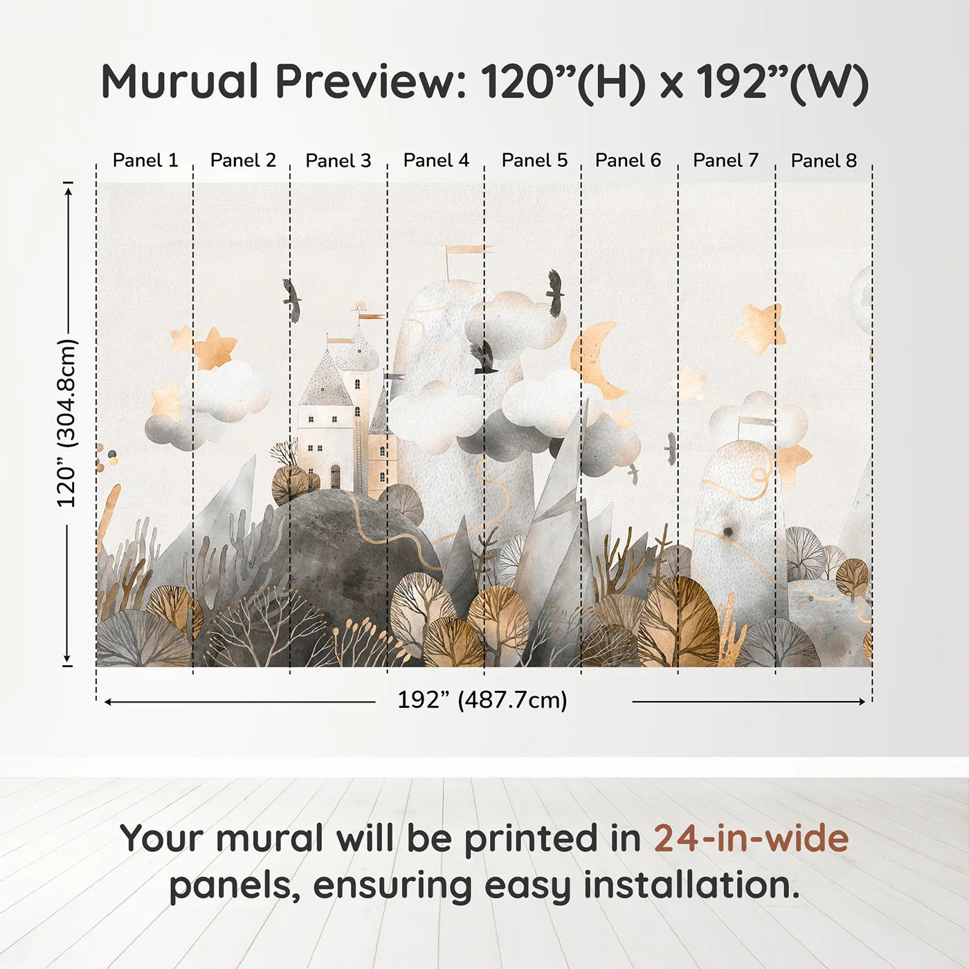 Whimsy Tots Golden Mountain Castle Wall Muraldimension view (120" H x 192" W). Printed in eight 24-inch-wide panels. Gender-Neutral