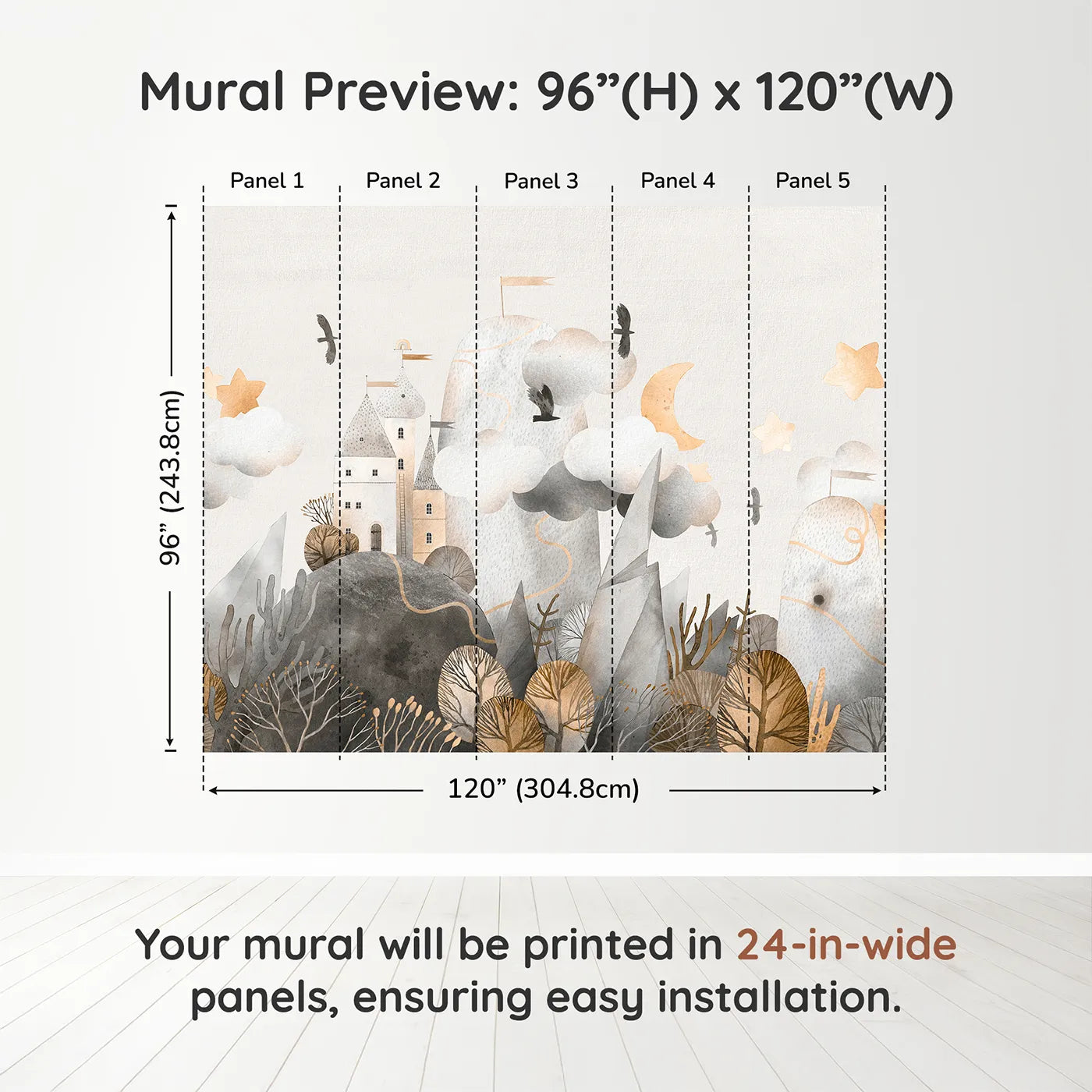 Whimsy Tots Golden Mountain Castle Wall Muraldimension view (96" H x 120" W). Printed in five 24-inch-wide panels. Gender-Neutral