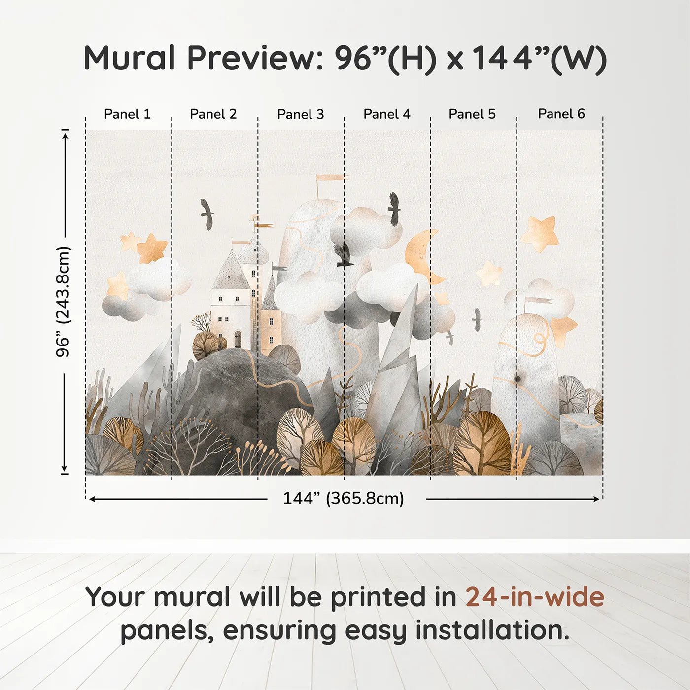 Whimsy Tots Golden Mountain Castle Wall Muraldimension view (96" H x 144" W). Printed in six 24-inch-wide panels. Gender-Neutral
