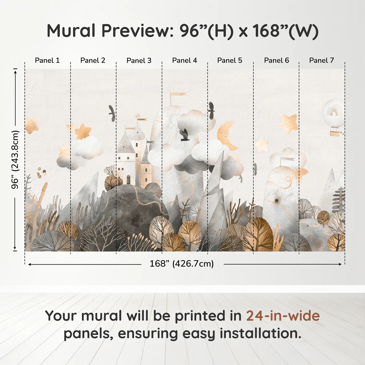Whimsy Tots Golden Mountain Castle Wall Muraldimension view (96" H x 168" W). Printed in seven 24-inch-wide panels. Gender-Neutral