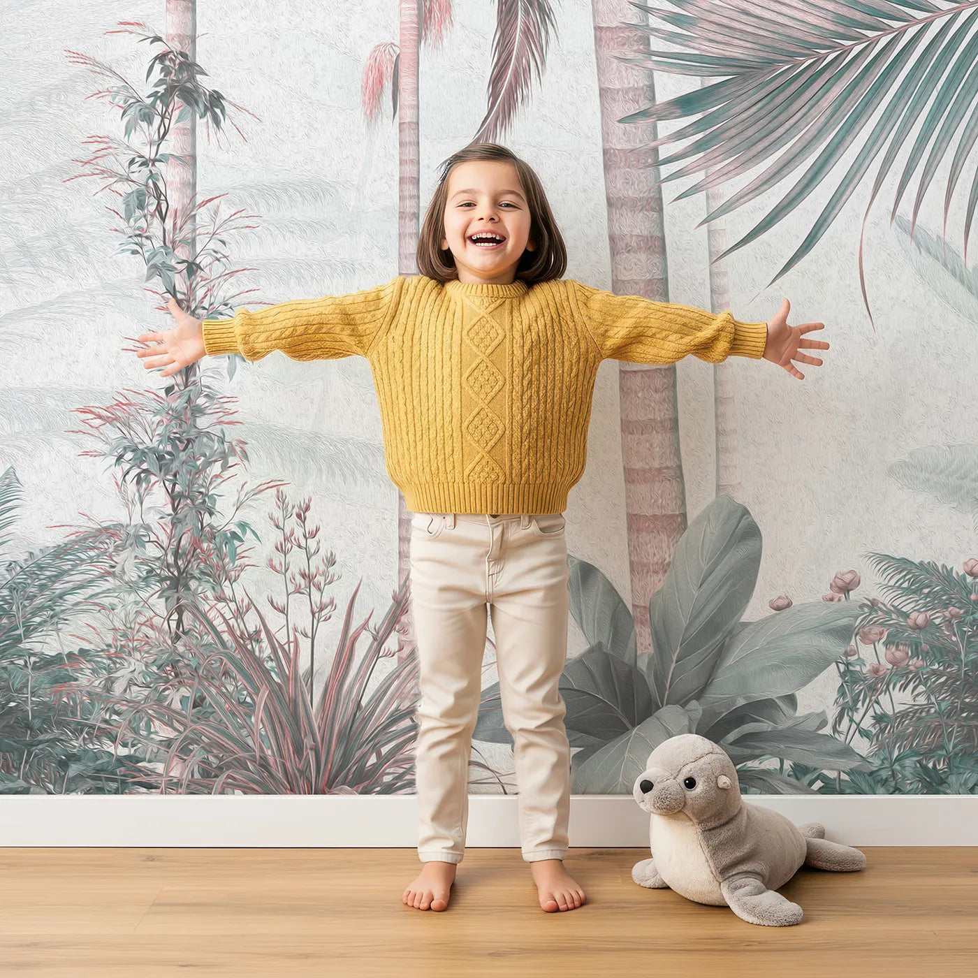 Child in front of Whimsy Tots Pastel Palm Paradise Wall Mural with tropical, palm, leaf, pastel, pink, teal, jungle, modern in design.