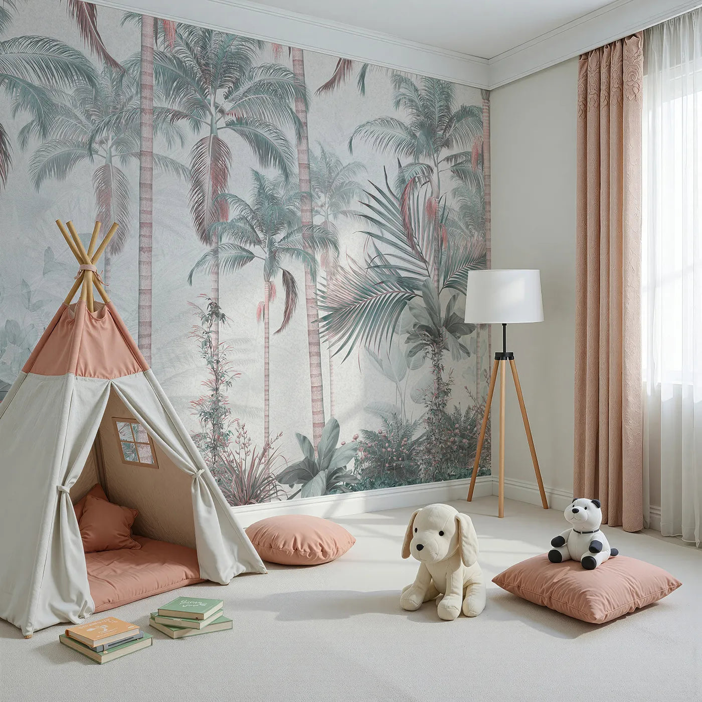 Angled view of Whimsy Tots' Pastel Palm Paradise Wall Mural (Turn Their Room into a Chic and Colorful Tropical Escape).Gender-Neutral