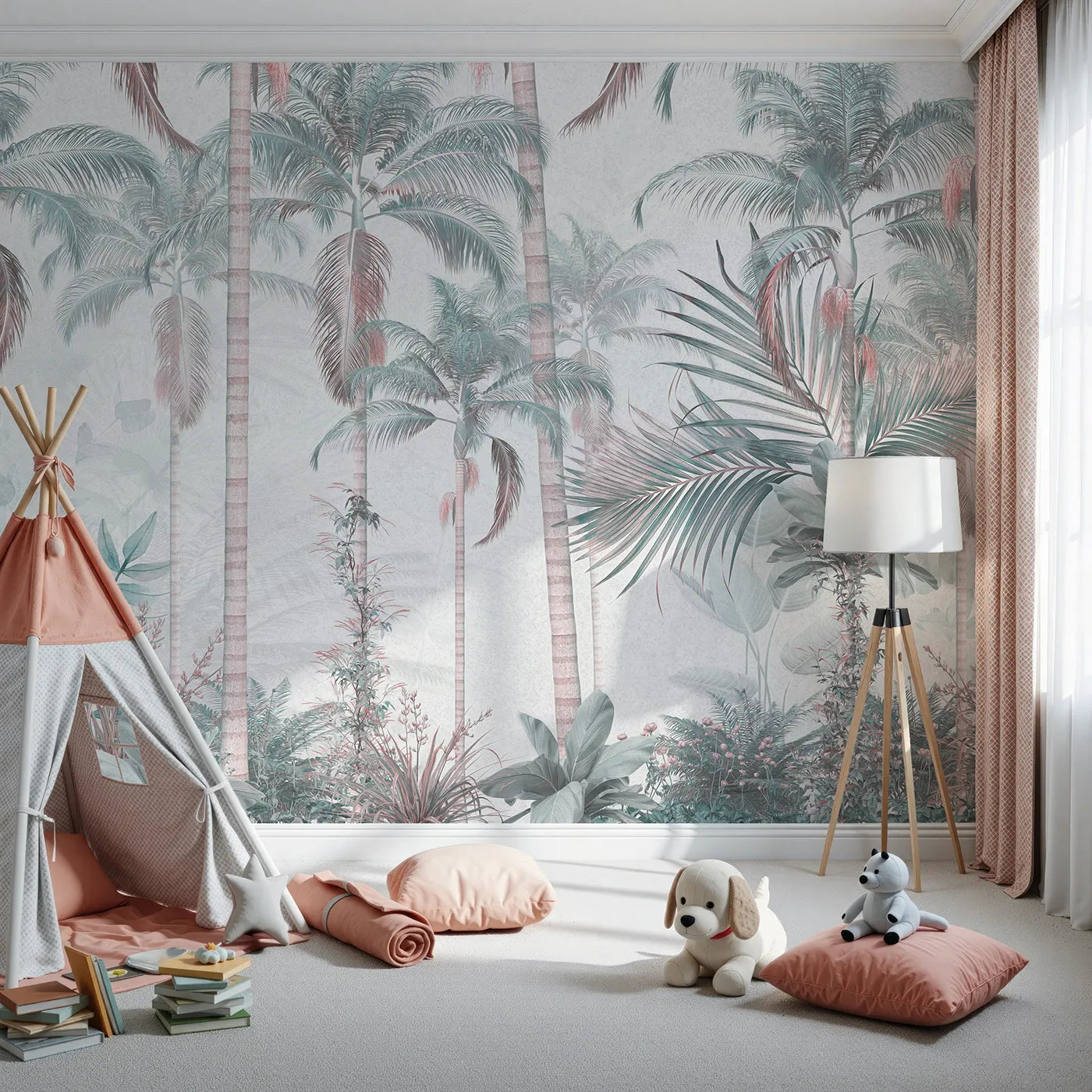 Front view of Whimsy Tots' Pastel Palm Paradise Wall Mural