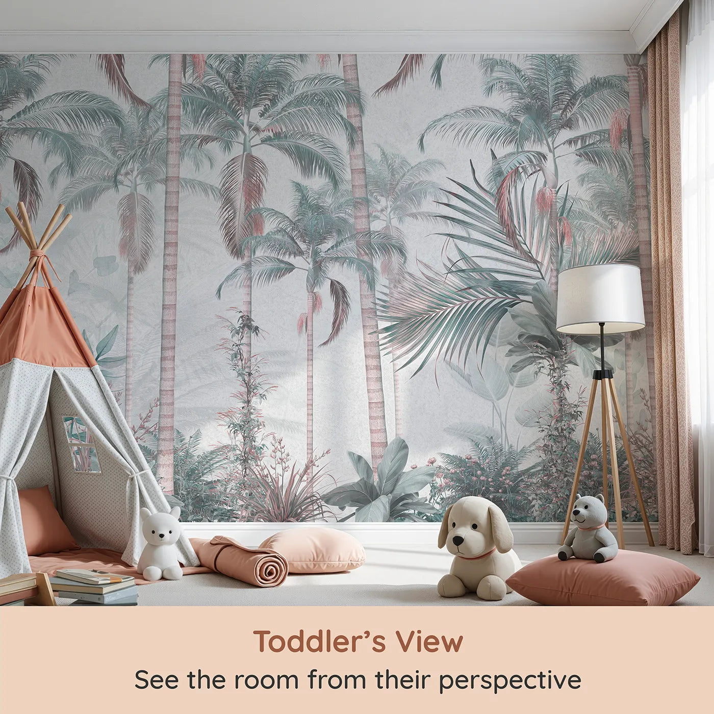 Whimsy Tots Pastel Palm Paradise Wall Mural (Turn Their Room into a Chic and Colorful Tropical Escape) from your child's view.Gender-Neutral