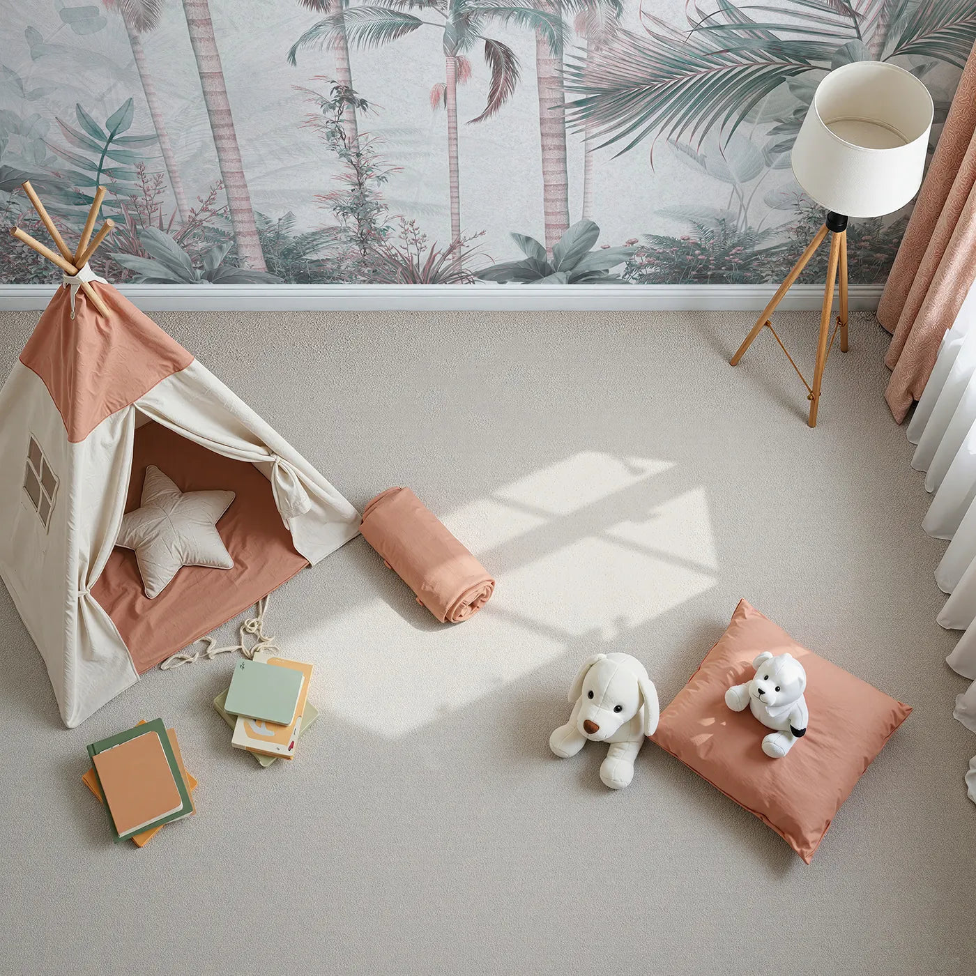 Top-down view of Whimsy Tots' Pastel Palm Paradise Wall Mural (Turn Their Room into a Chic and Colorful Tropical Escape).Gender-Neutral