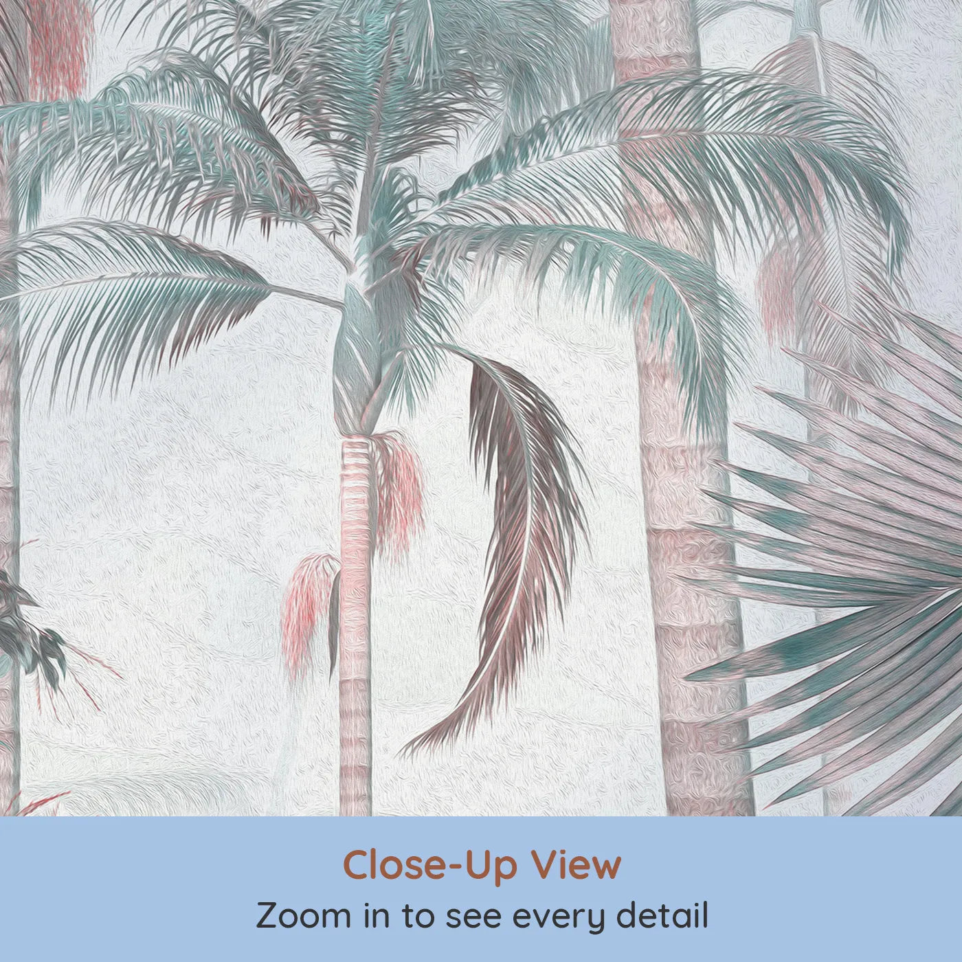 Close-up view of Whimsy Tots' Pastel Palm Paradise Wall Mural (Turn Their Room into a Chic and Colorful Tropical Escape).Gender-Neutral