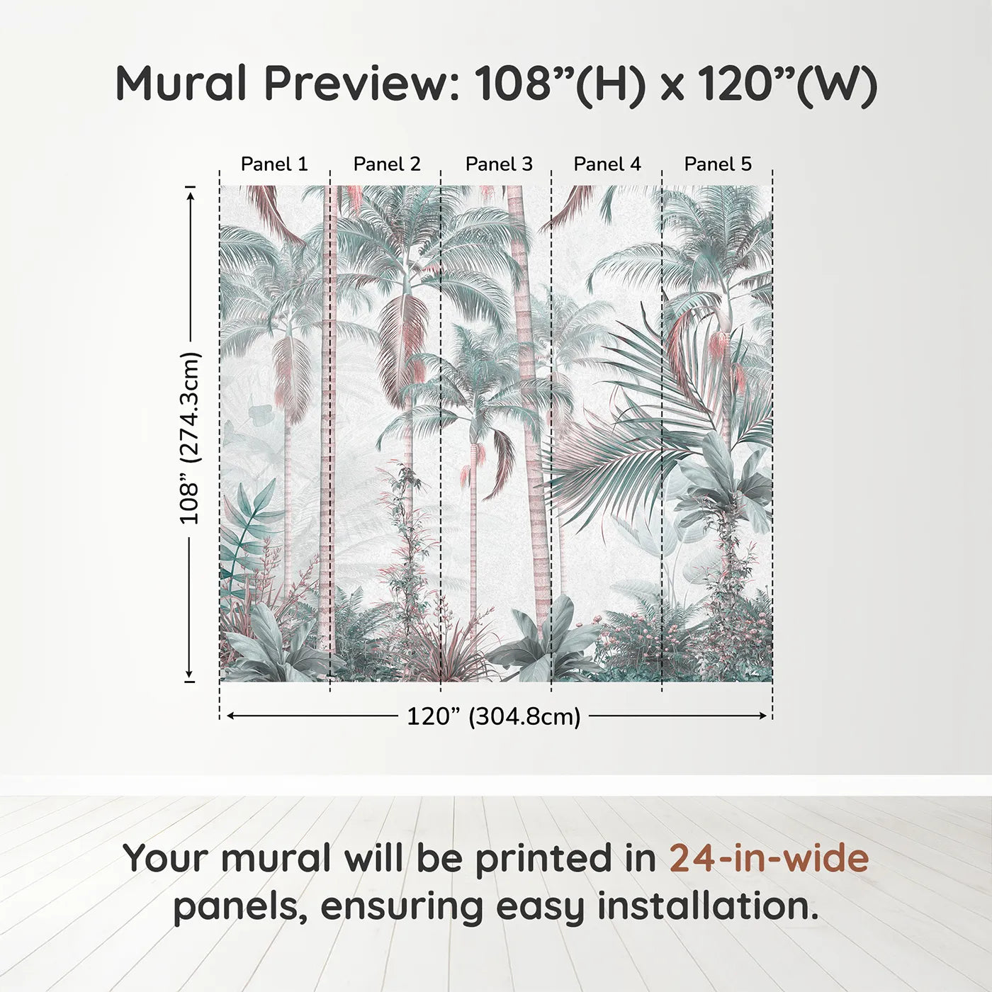 Whimsy Tots Pastel Palm Paradise Wall Muraldimension view (108" H x 120" W). Printed in five 24-inch-wide panels. Gender-Neutral