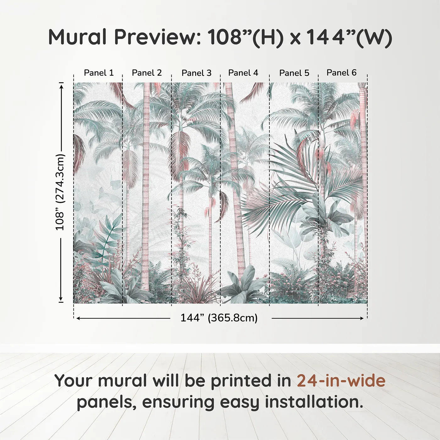 Whimsy Tots Pastel Palm Paradise Wall Muraldimension view (108" H x 144" W). Printed in six 24-inch-wide panels. Gender-Neutral