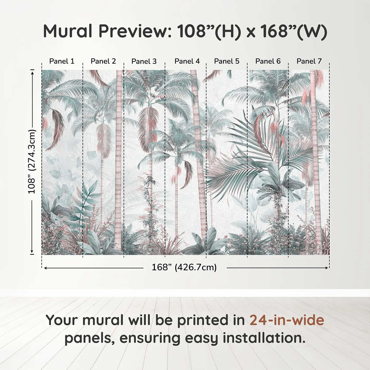 Whimsy Tots Pastel Palm Paradise Wall Muraldimension view (108" H x 168" W). Printed in seven 24-inch-wide panels. Gender-Neutral