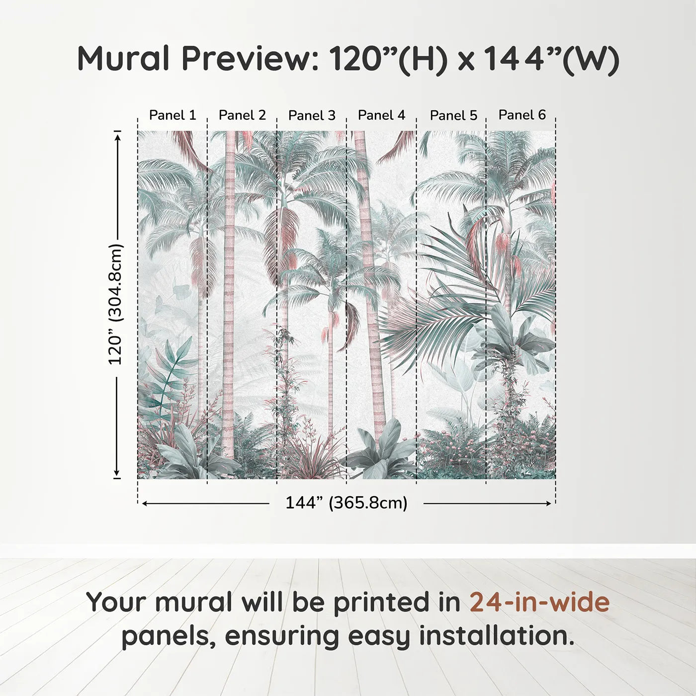 Whimsy Tots Pastel Palm Paradise Wall Muraldimension view (120" H x 144" W). Printed in six 24-inch-wide panels. Gender-Neutral