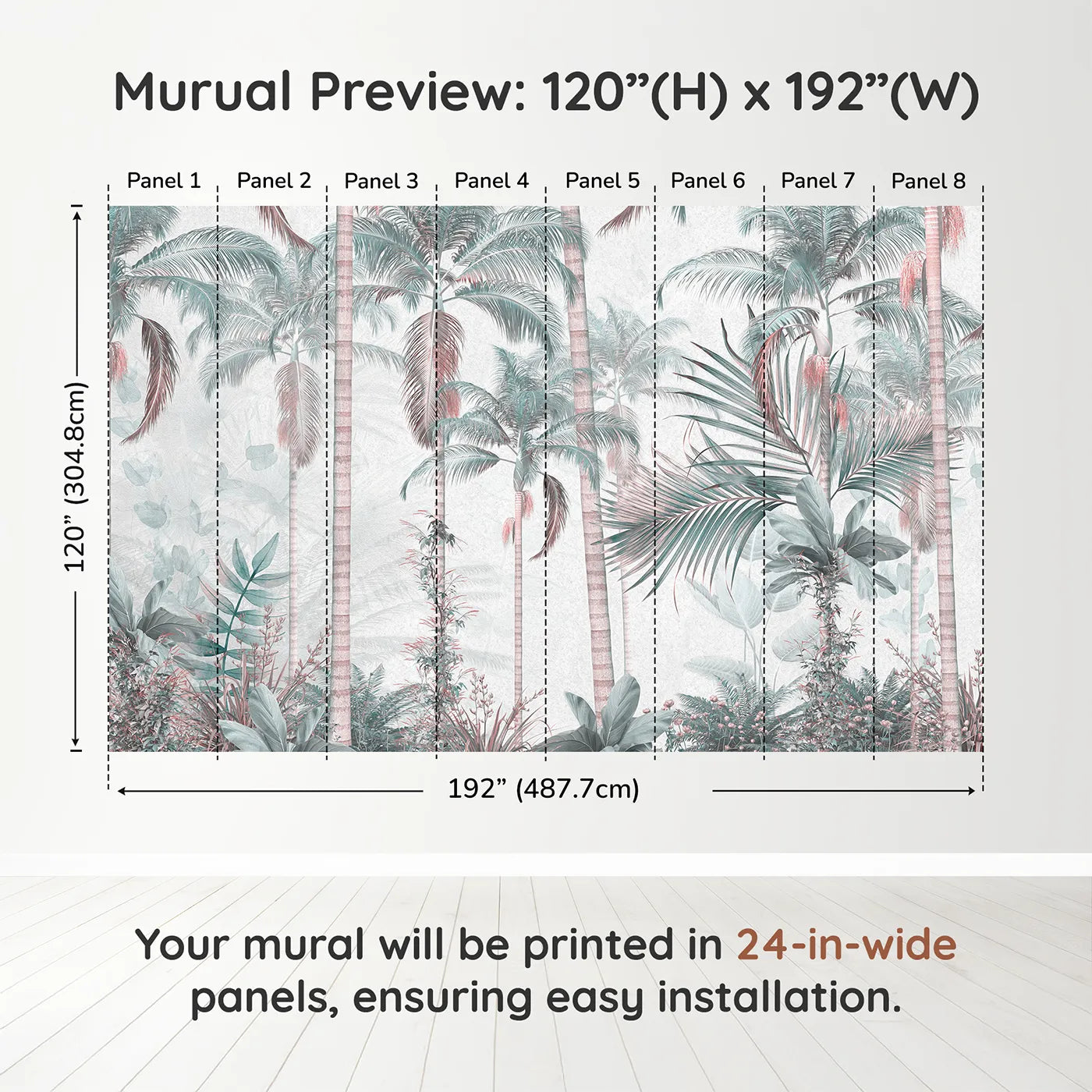 Whimsy Tots Pastel Palm Paradise Wall Muraldimension view (120" H x 192" W). Printed in eight 24-inch-wide panels. Gender-Neutral