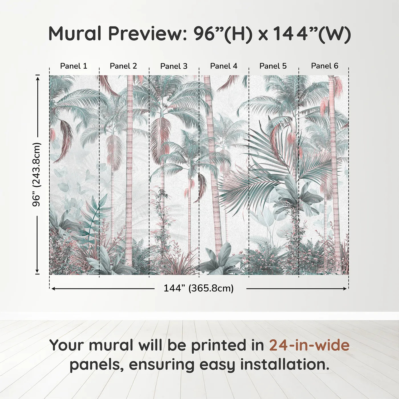 Whimsy Tots Pastel Palm Paradise Wall Muraldimension view (96" H x 144" W). Printed in six 24-inch-wide panels. Gender-Neutral