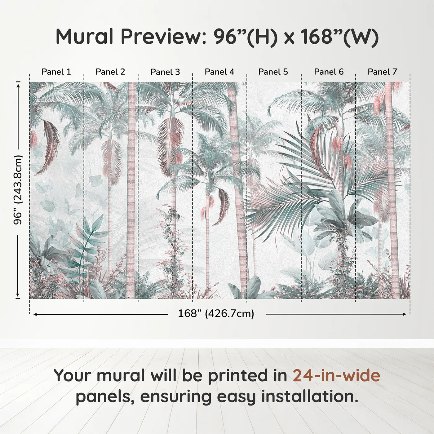 Whimsy Tots Pastel Palm Paradise Wall Muraldimension view (96" H x 168" W). Printed in seven 24-inch-wide panels. Gender-Neutral