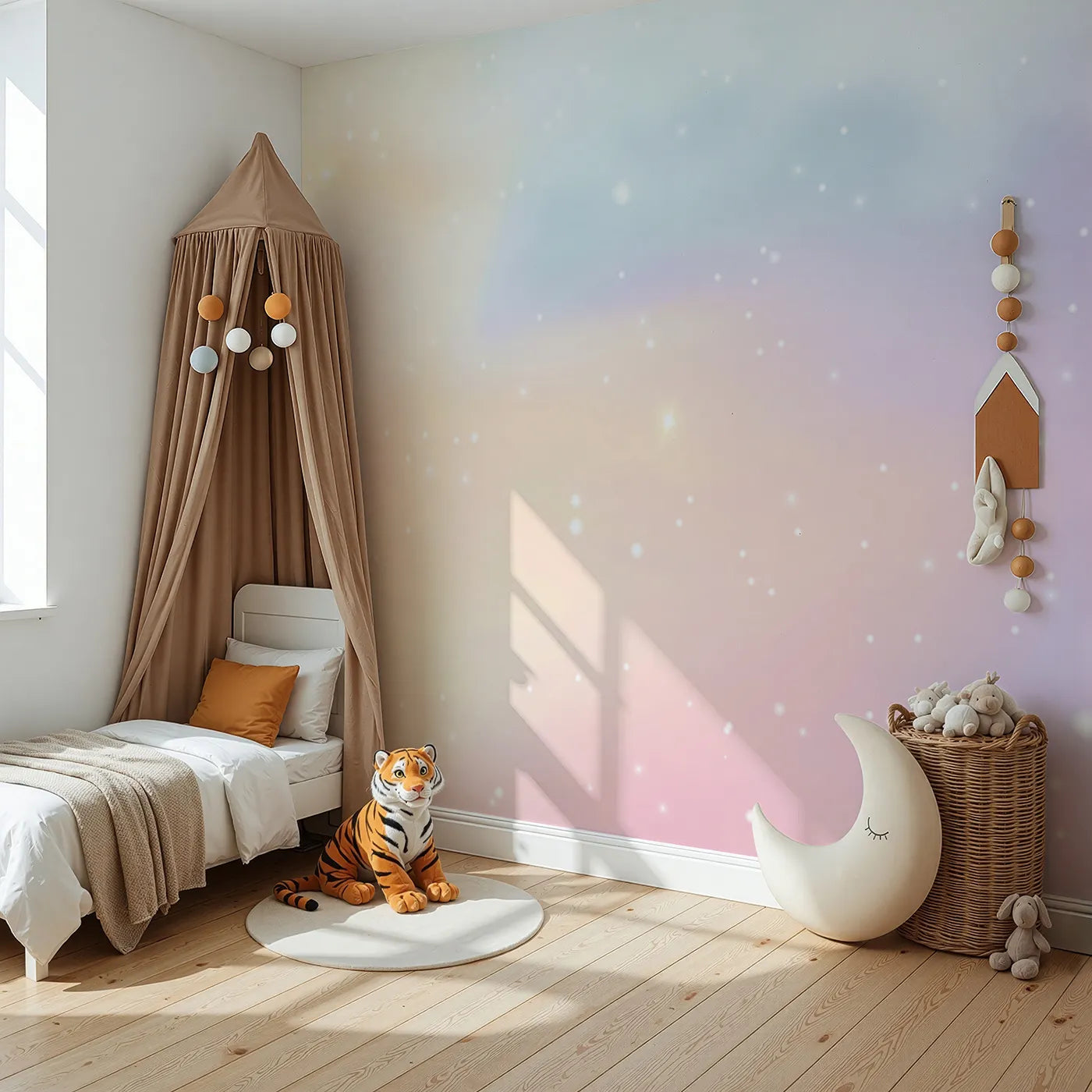 Angled view of Whimsy Tots' Pastel Dream Cloud Wall Mural (Turn Their Room into a Soft and Gentle, Sparkling Sky).Gender-Neutral