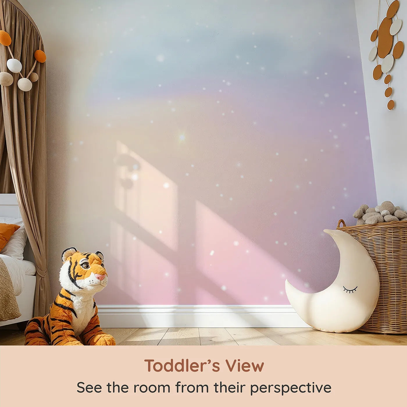 Whimsy Tots Pastel Dream Cloud Wall Mural (Turn Their Room into a Soft and Gentle, Sparkling Sky) from your child's view.Gender-Neutral