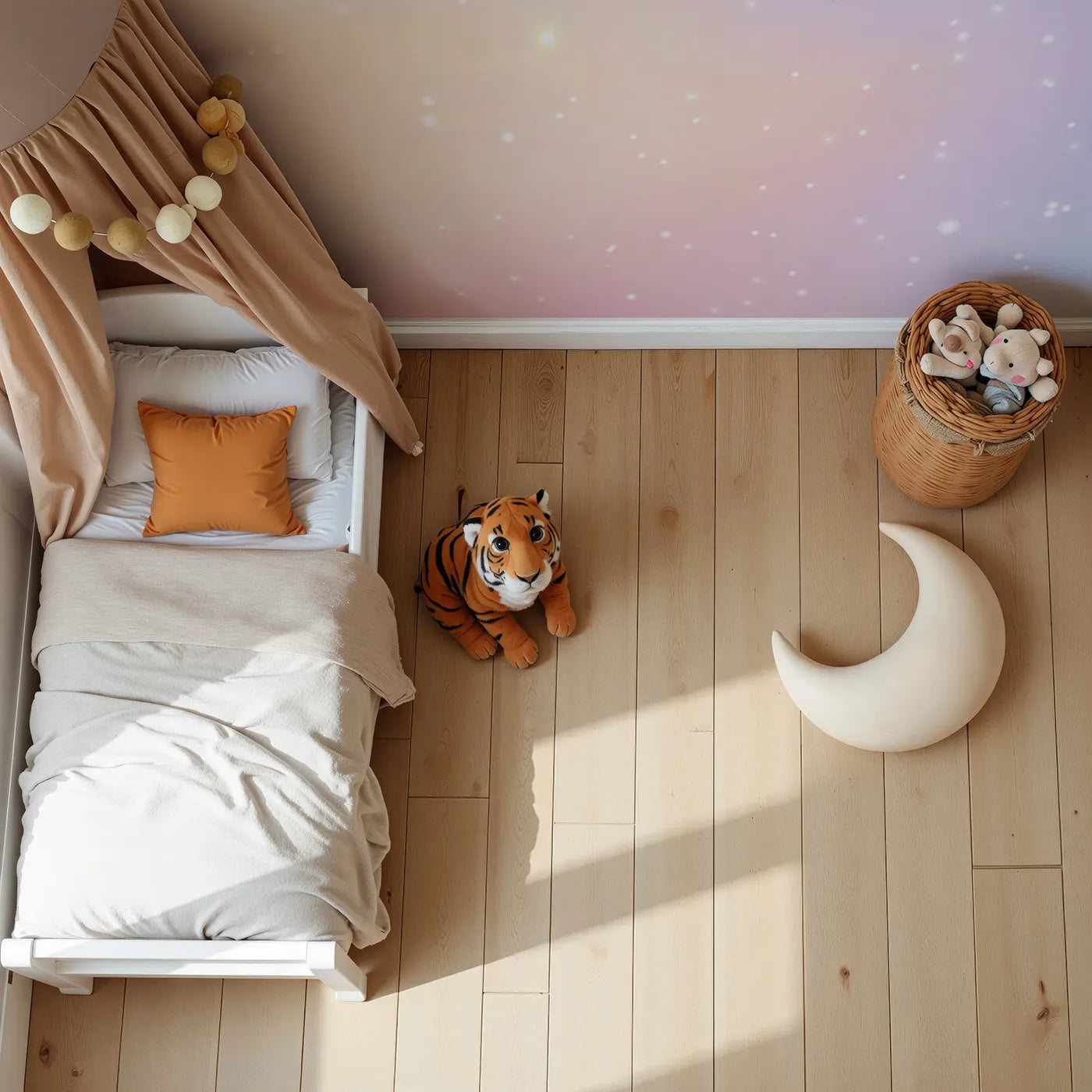 Top-down view of Whimsy Tots' Pastel Dream Cloud Wall Mural (Turn Their Room into a Soft and Gentle, Sparkling Sky).Gender-Neutral