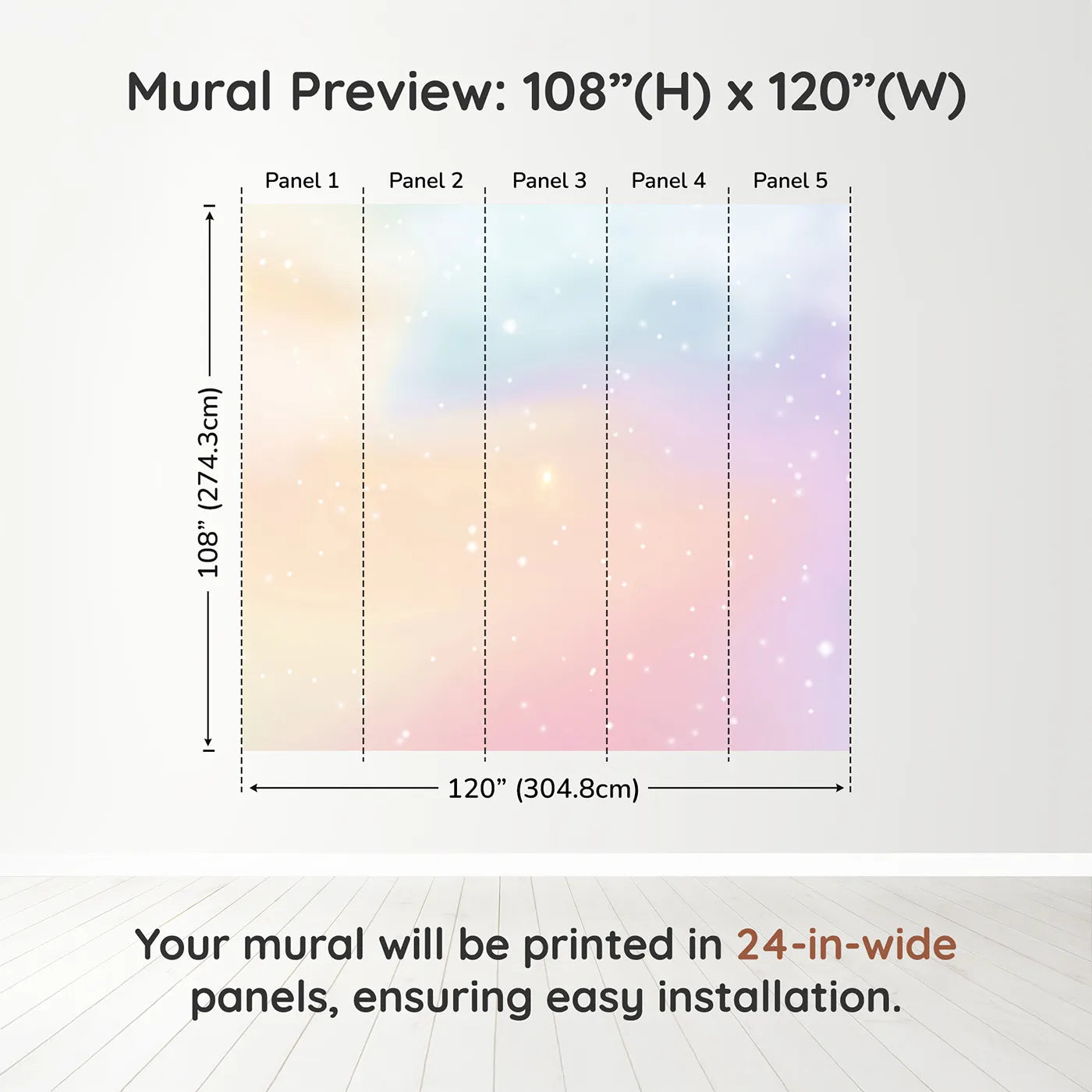 Whimsy Tots Pastel Dream Cloud Wall Muraldimension view (108" H x 120" W). Printed in five 24-inch-wide panels. Gender-Neutral