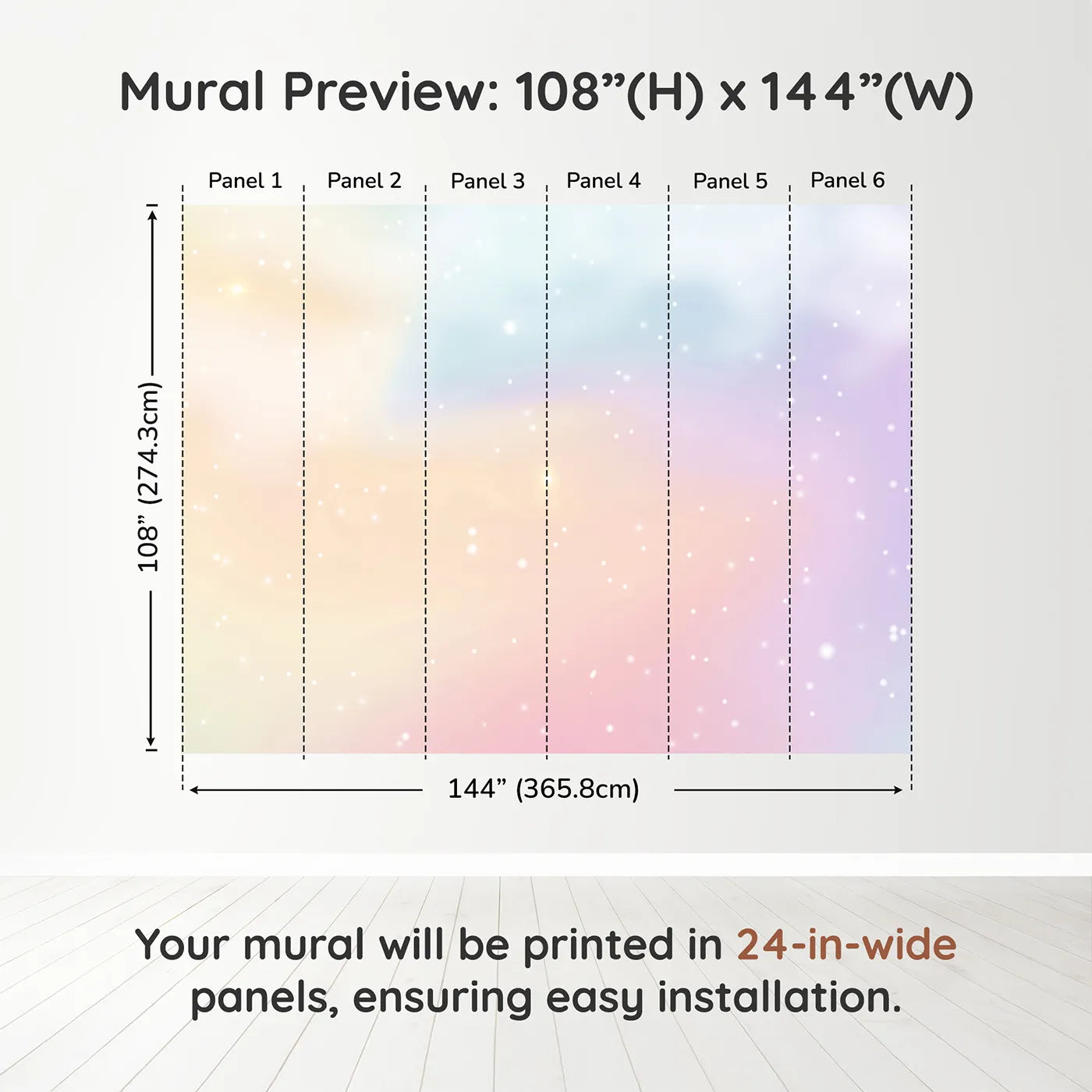 Whimsy Tots Pastel Dream Cloud Wall Muraldimension view (108" H x 144" W). Printed in six 24-inch-wide panels. Gender-Neutral