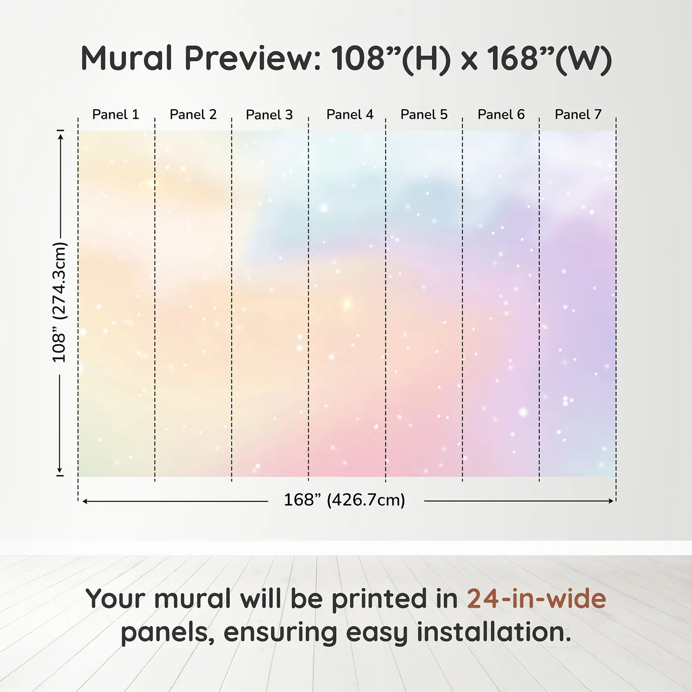 Whimsy Tots Pastel Dream Cloud Wall Muraldimension view (108" H x 168" W). Printed in seven 24-inch-wide panels. Gender-Neutral
