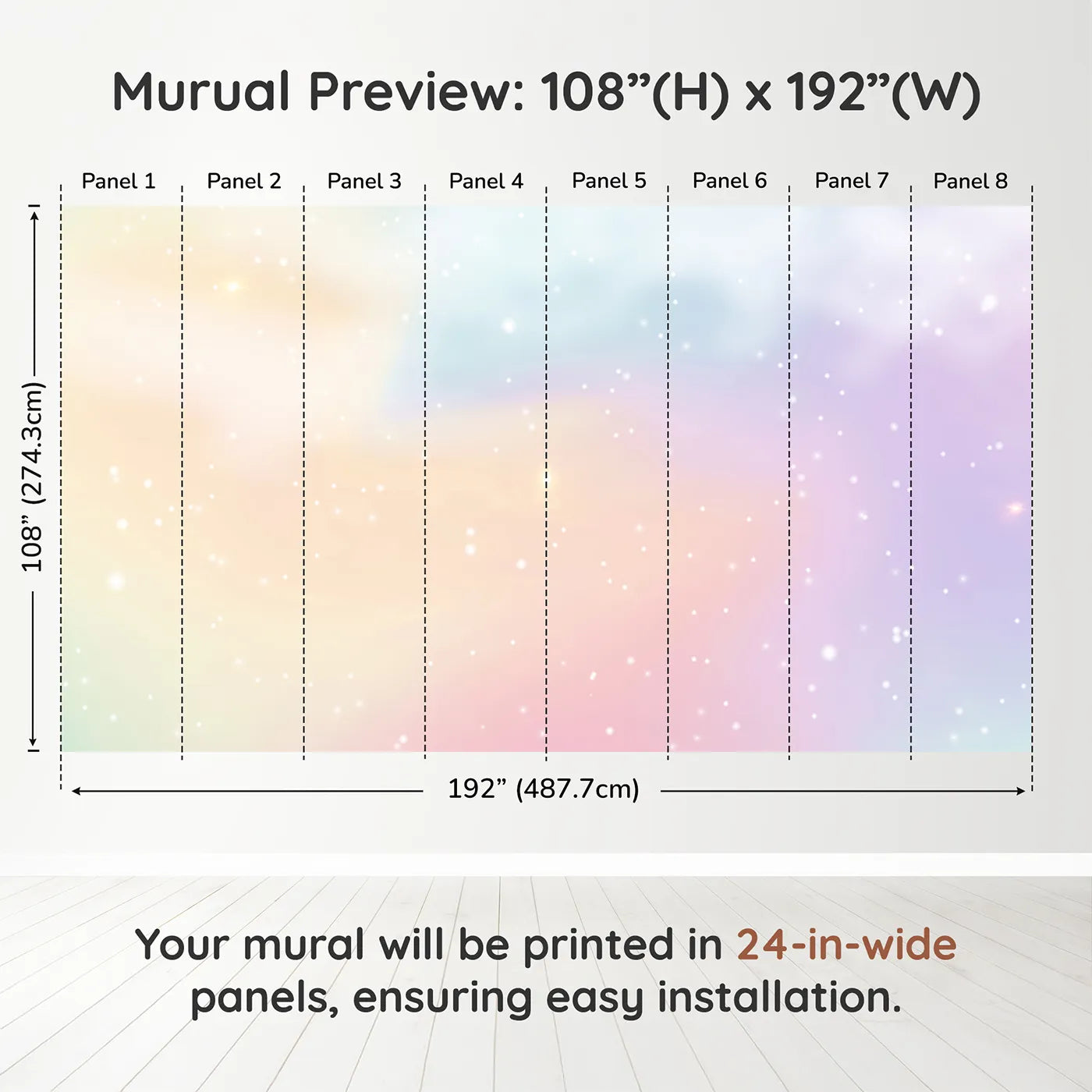 Whimsy Tots Pastel Dream Cloud Wall Muraldimension view (108" H x 192" W). Printed in eight 24-inch-wide panels. Gender-Neutral
