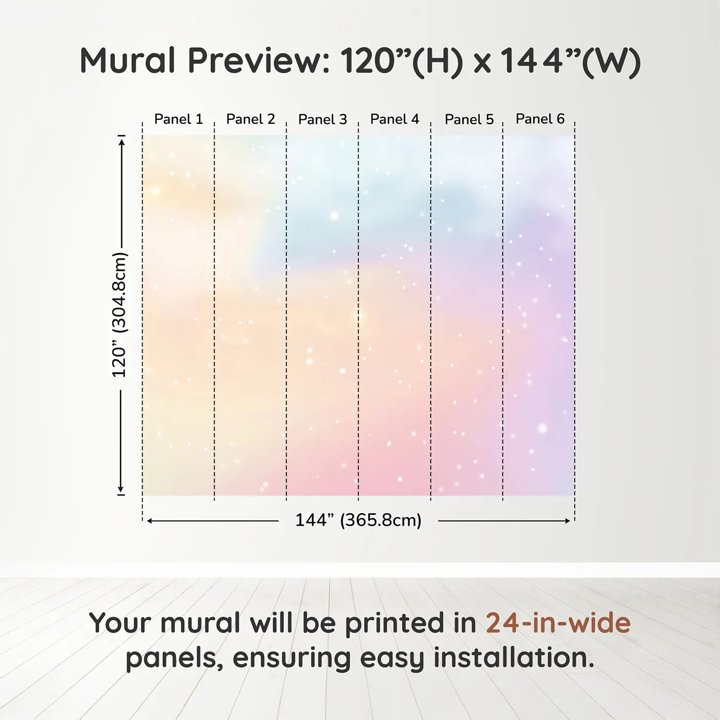 Whimsy Tots Pastel Dream Cloud Wall Muraldimension view (120" H x 144" W). Printed in six 24-inch-wide panels. Gender-Neutral
